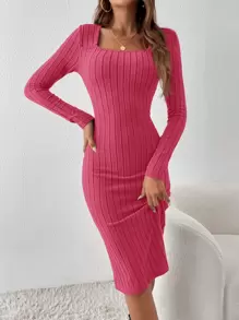 SHEIN Essnce Đầm Gân đan màu trơn Thanh lịch - Màu Hồng Tươi - Xem 6