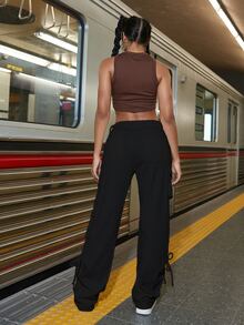 90S Tape Drawstring Detail Flap Pocket Side Cargo Trousers - Black - View 2