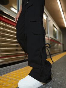 90S Tape Drawstring Detail Flap Pocket Side Cargo Trousers - Black - View 3