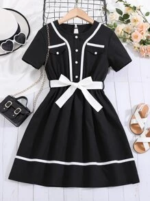 Girls Flap Detail Contrast Binding Dress - Black - View 1