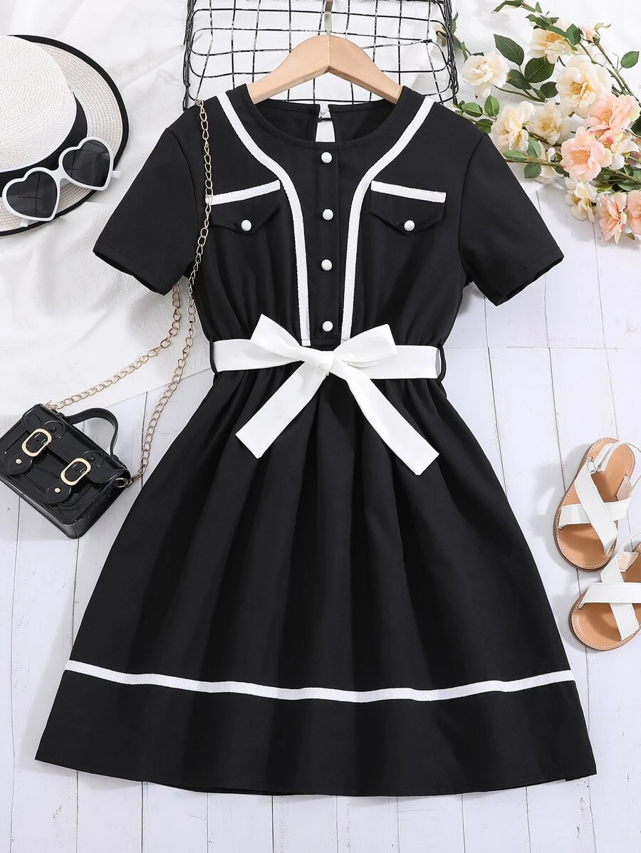 Girls Flap Detail Contrast Binding Dress - Black - View 1