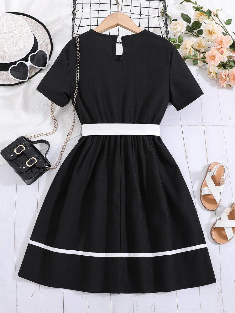 女孩翻蓋細節撞色滾邊連衣裙 - 黑色 - 查看 2