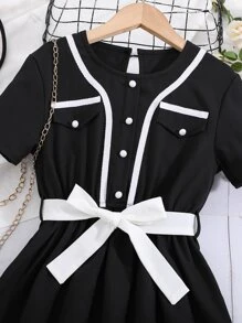 Girls Flap Detail Contrast Binding Dress - Black - View 3