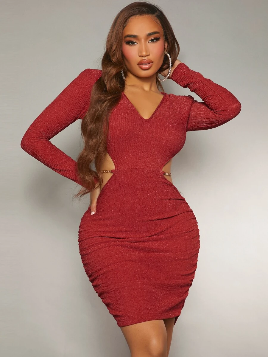 SHEIN SXY Cut Out Waist Ruched Side Bodycon Dress - Burgundy - View 1