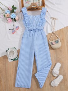 Chicas Mono de rayas ribete con fruncido - Azul y blanco - Ver 1