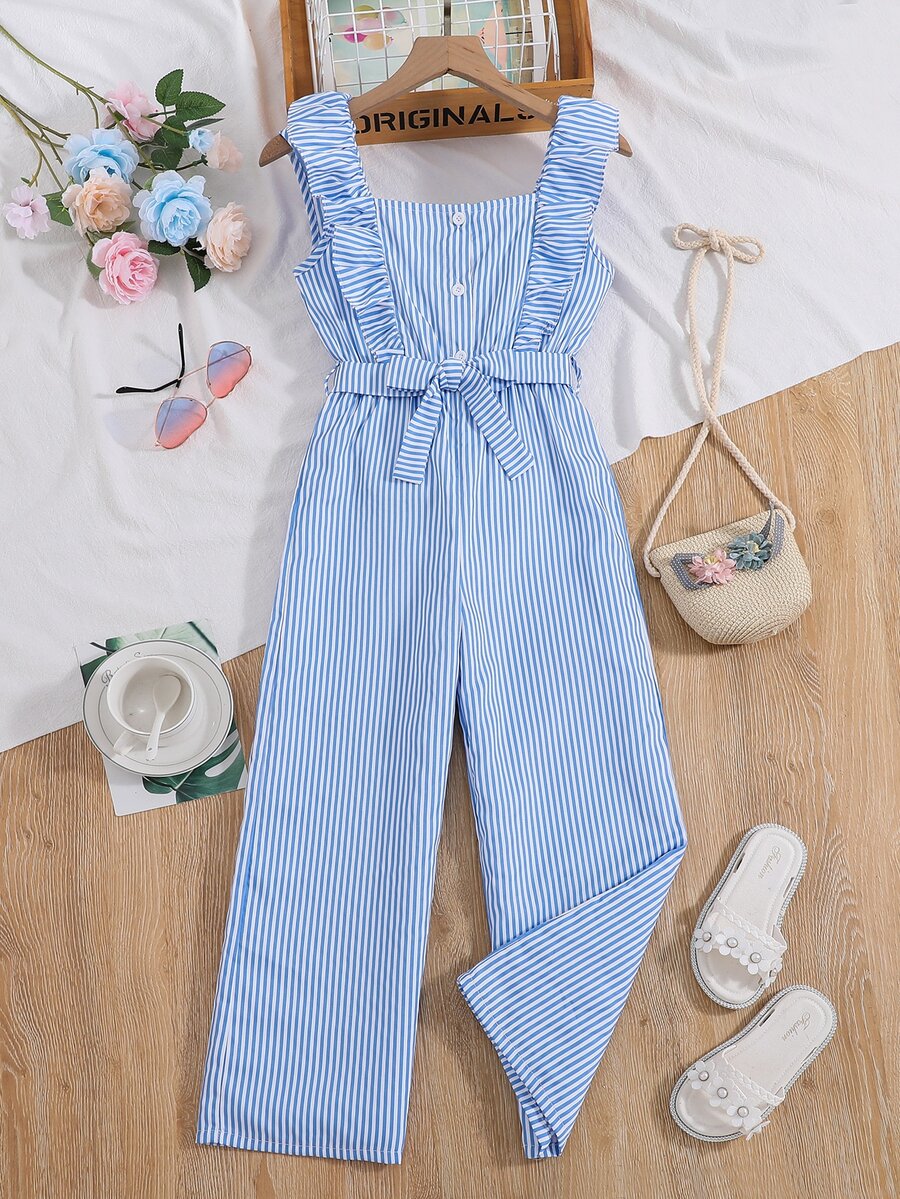 Chicas Mono de rayas ribete con fruncido - Azul y blanco - Ver 1