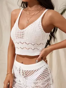 SHEIN Swim Summer Beach Hollow Out Knitted Cover Up Top - White - View 5