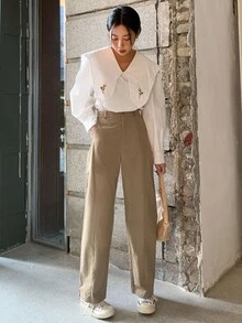 DAZY Pantalones de traje con bolsillo oblicuo con cremallera - Caqui - Ver 6
