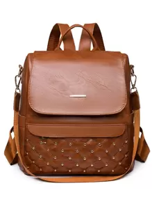 Studded Decor Argyle Quilted Flap Backpack for Women, Rookies & White-collar Workers - Brown - View 1