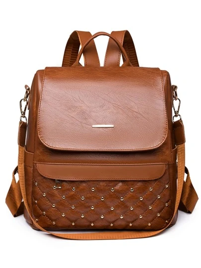 Studded Decor Argyle Quilted Flap Backpack for Women, Rookies & White-collar Workers