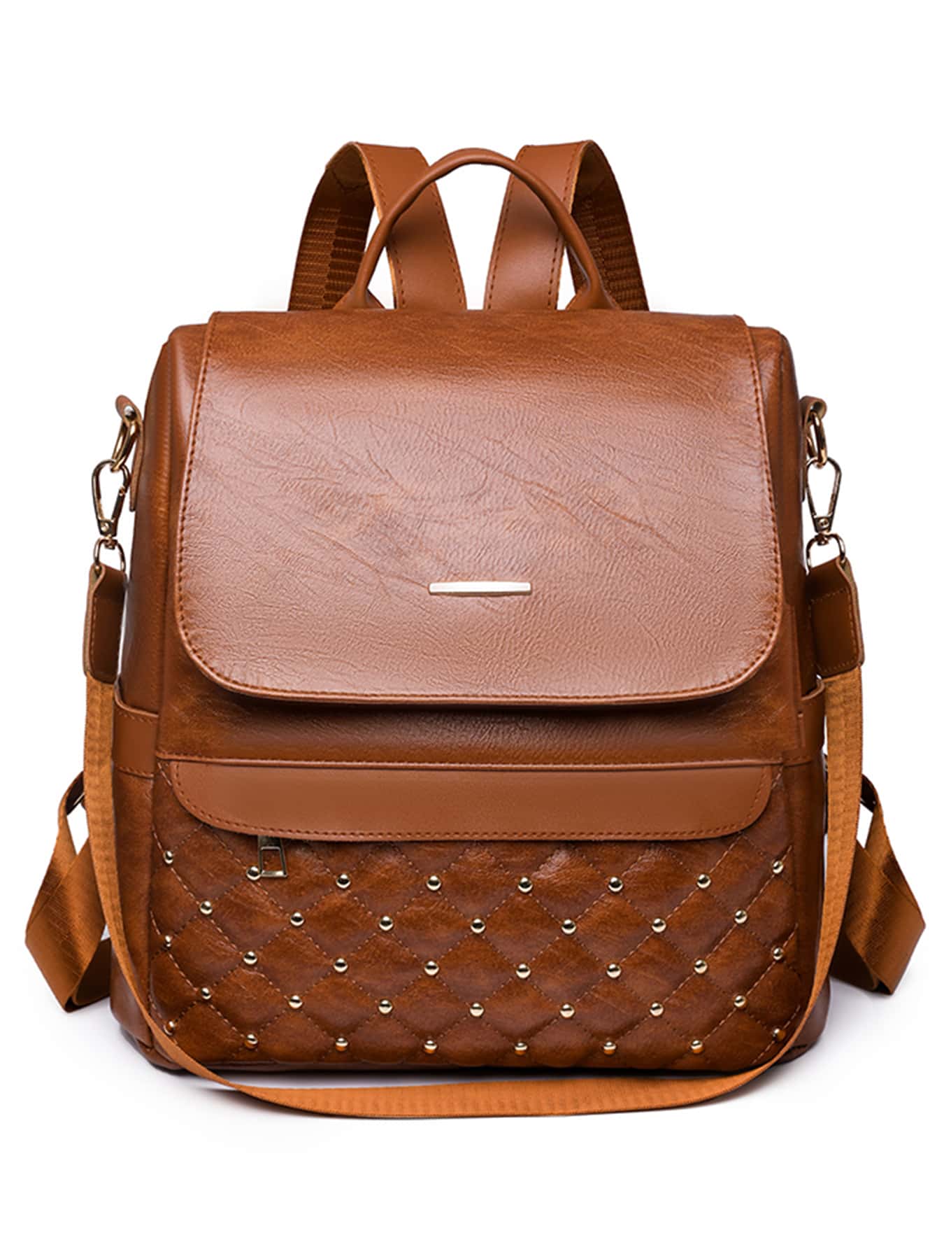 Studded Decor Argyle Quilted Flap Backpack for Women, Rookies & White-collar Workers - Brown - View 1