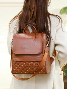 Studded Decor Argyle Quilted Flap Backpack for Women, Rookies & White-collar Workers - Brown - View 2