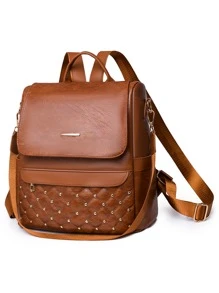 Studded Decor Argyle Quilted Flap Backpack for Women, Rookies & White-collar Workers - Brown - View 5
