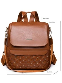 Studded Decor Argyle Quilted Flap Backpack for Women, Rookies & White-collar Workers - Brown - View 6