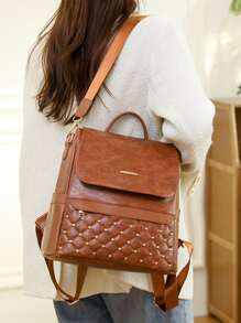 Studded Decor Argyle Quilted Flap Backpack for Women, Rookies & White-collar Workers - Brown - View 7
