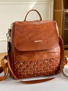 Studded Decor Argyle Quilted Flap Backpack for Women, Rookies & White-collar Workers - Brown - View 8