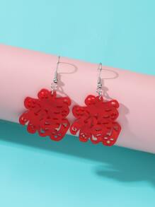 Chinese Character Drop Earrings - Red - View 2