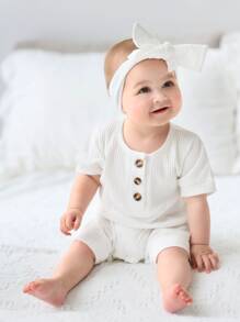 Baby 2pcs Ribbed Knit Half Button Romper