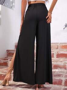 SHEIN VCAY Elastic Waist Split Thigh Wide Leg Trousers - Black - View 2