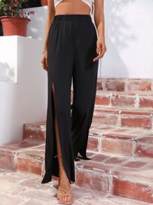 SHEIN VCAY Elastic Waist Split Thigh Wide Leg Trousers - Black - View 5