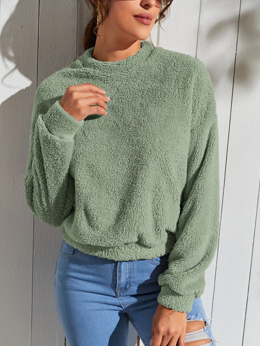 SHEIN LUNE Solid Drop Shoulder Teddy Pullover - Mint Green - View 1