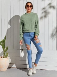 SHEIN LUNE Solid Drop Shoulder Teddy Pullover - Mint Green - View 6