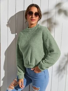 SHEIN LUNE Solid Drop Shoulder Teddy Pullover - Mint Green - View 4