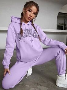 SHEIN EZwear 字母圖案袋鼠口袋加絨內裏抽繩連帽衫和運動褲 - 紫丁香色 - 查看 1