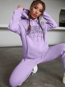 SHEIN EZwear 字母圖案袋鼠口袋加絨內裏抽繩連帽衫和運動褲 - 紫丁香色 - 查看 3