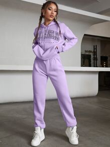 SHEIN EZwear 字母圖案袋鼠口袋加絨內裏抽繩連帽衫和運動褲 - 紫丁香色 - 查看 4