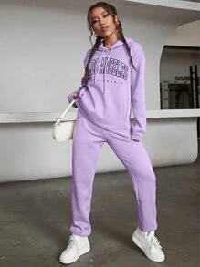 SHEIN EZwear 字母圖案袋鼠口袋加絨內裏抽繩連帽衫和運動褲 - 紫丁香色 - 查看 5