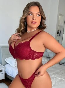 Plus Size Sexy Fashion Solid Color Lace Bra With Ultra-Thin Hollow-Out Underwire Women's Underwear - Rose Red - View 3