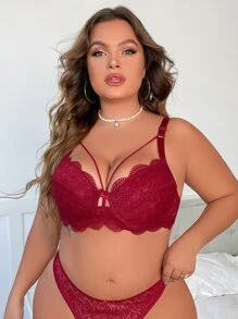 Plus Size Sexy Fashion Solid Color Lace Bra With Ultra-Thin Hollow-Out Underwire Women's Underwear - Rose Red - View 5