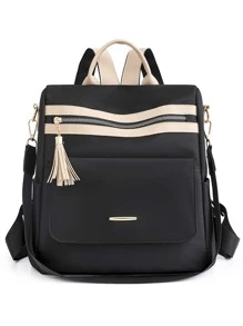 雙色流蘇裝飾功能背包書包適合畢業生、青少年女孩、新生、大二、初中和高中學生、大學和高中，非常適合戶外、旅行和返校 - 黑色 - 查看 1