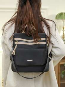 雙色流蘇裝飾功能背包書包適合畢業生、青少年女孩、新生、大二、初中和高中學生、大學和高中，非常適合戶外、旅行和返校 - 黑色 - 查看 2