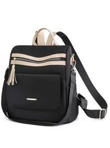 雙色流蘇裝飾功能背包書包適合畢業生、青少年女孩、新生、大二、初中和高中學生、大學和高中，非常適合戶外、旅行和返校 - 黑色 - 查看 3