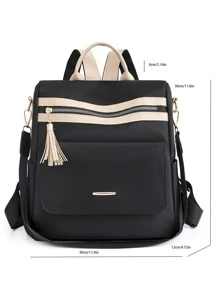 雙色流蘇裝飾功能背包書包適合畢業生、青少年女孩、新生、大二、初中和高中學生、大學和高中，非常適合戶外、旅行和返校 - 黑色 - 查看 4