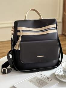 雙色流蘇裝飾功能背包書包適合畢業生、青少年女孩、新生、大二、初中和高中學生、大學和高中，非常適合戶外、旅行和返校 - 黑色 - 查看 7