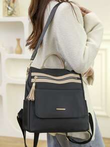 雙色流蘇裝飾功能背包書包適合畢業生、青少年女孩、新生、大二、初中和高中學生、大學和高中，非常適合戶外、旅行和返校 - 黑色 - 查看 8