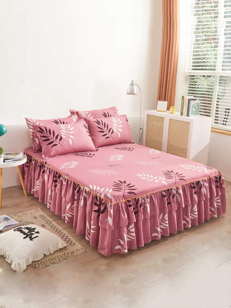 Faldón de cama con patrón de hoja ribete con fruncido - Multicolor - Añade 1