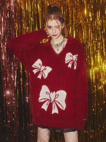 Suéter amplio con patrón de lazo de hombros caídos de peluche tejido - Burdeos - Ver 1