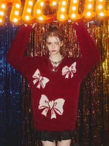 Suéter amplio con patrón de lazo de hombros caídos de peluche tejido - Burdeos - Ver 3