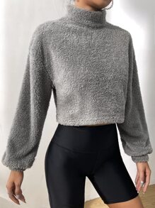 SHEIN PETITE Mock Neck Drop Shoulder Teddy Pullover - Grey - View 3