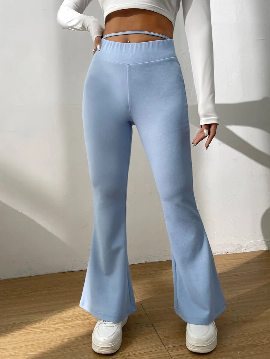 SHEIN PETITE Cut Out Waist Flare Leg Trousers - Baby Blue - View 1