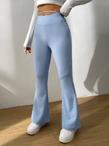 SHEIN PETITE Cut Out Waist Flare Leg Trousers - Baby Blue - View 3