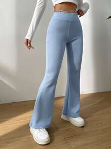 SHEIN PETITE Cut Out Waist Flare Leg Trousers - Baby Blue - View 4