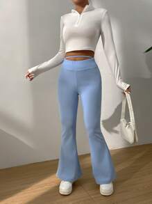 SHEIN PETITE Cut Out Waist Flare Leg Trousers - Baby Blue - View 5