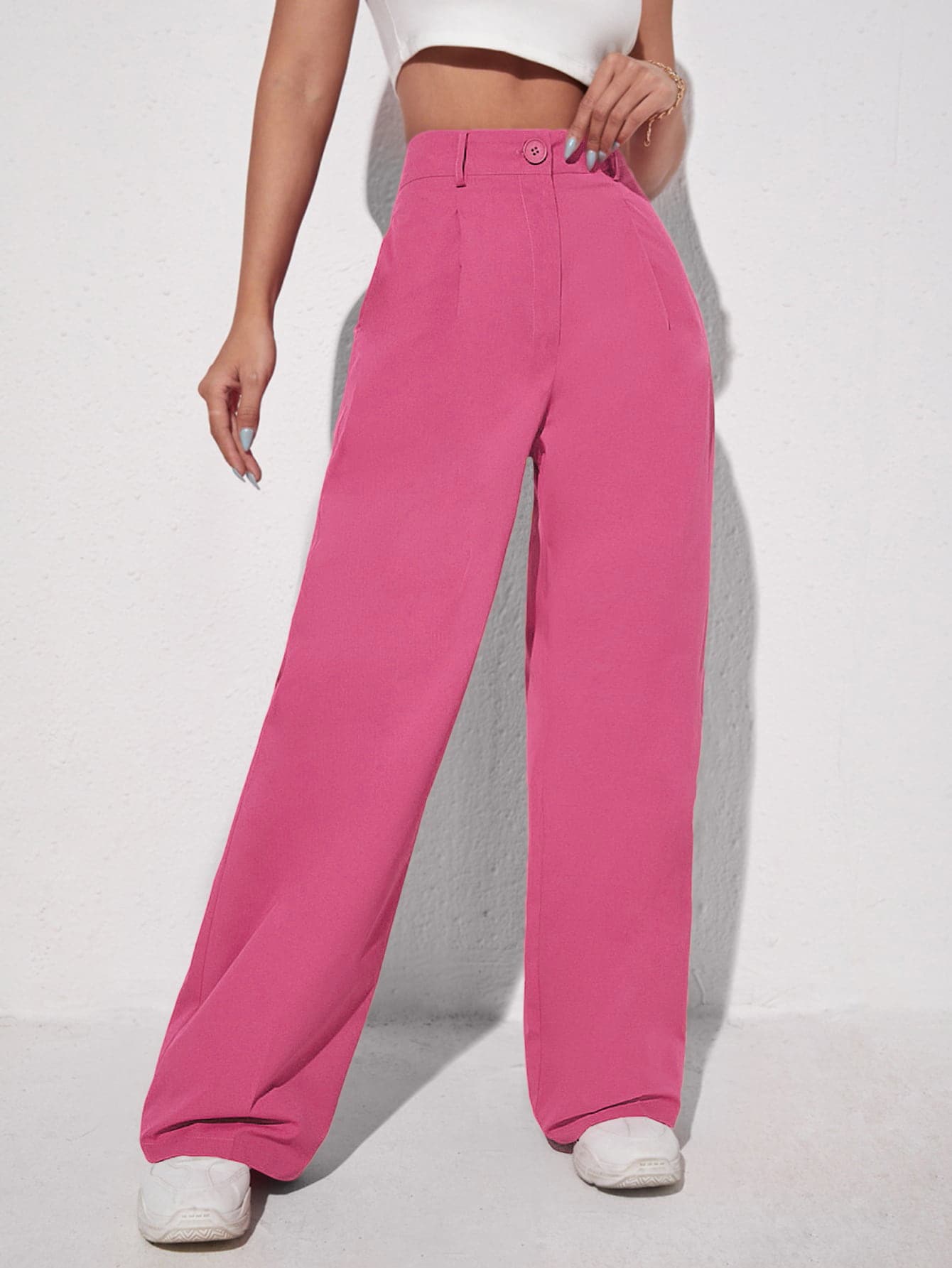 SHEIN EZwear Solid Wide Leg Pants - Pink - View 1