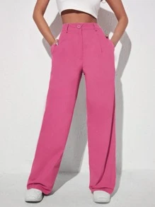 SHEIN EZwear Solid Wide Leg Pants - Pink - View 4