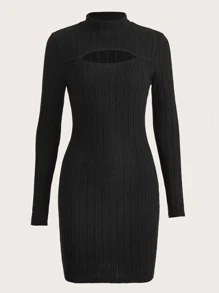 SHEIN EZwear Autumn And Winter Black Wide Ribbed Cut Out Mock Neck Long Sleeves Bodycon Dress - Black - View 1